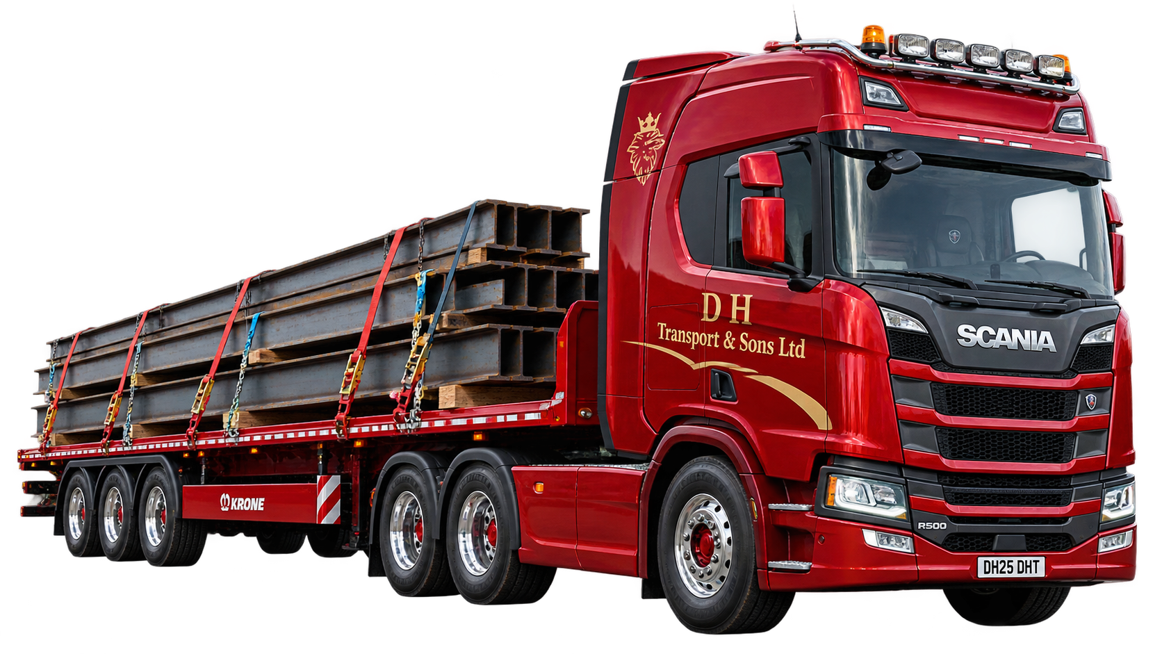 Red D H Transport articulated flatbed truck carrying secured structural steel beams